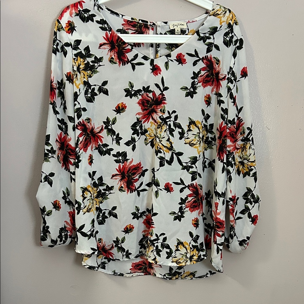Floral Long-Sleeve Blouse - White with Red & Yellow Flowers